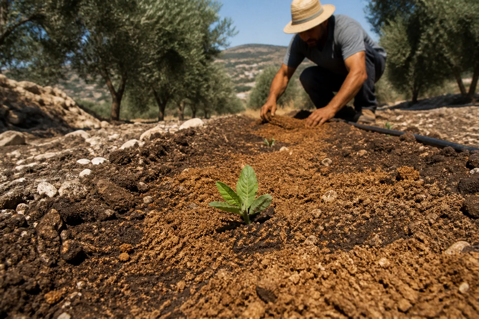 Olive pomace mulch: easy moisture lock for dry soil